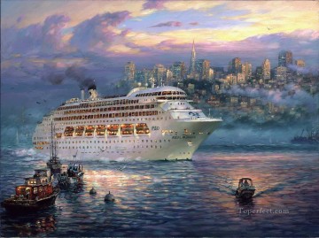 霧が立ち上る街並みの近代的な都市の風景船クルーズ Oil Paintings